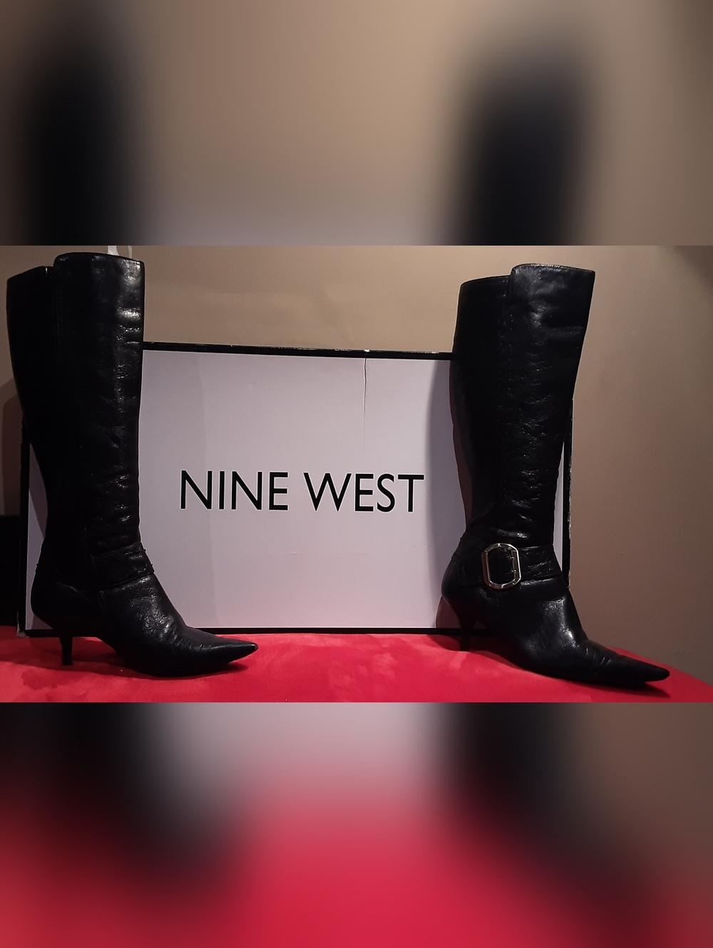 Nine West Black Leather Knee-High Pointed-Toe Boots with Buckle